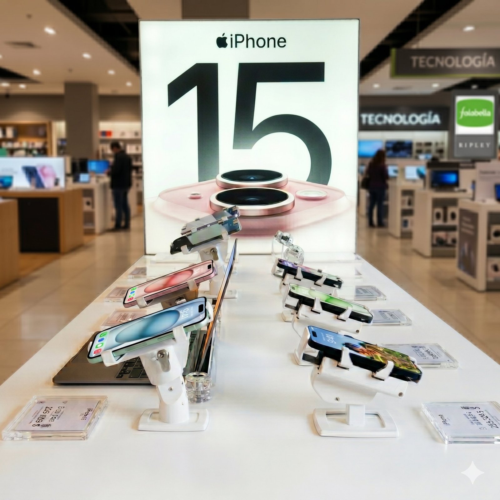 Exhibición real de iPhone con alarma antirrobo Northtrade en tienda retail Chile