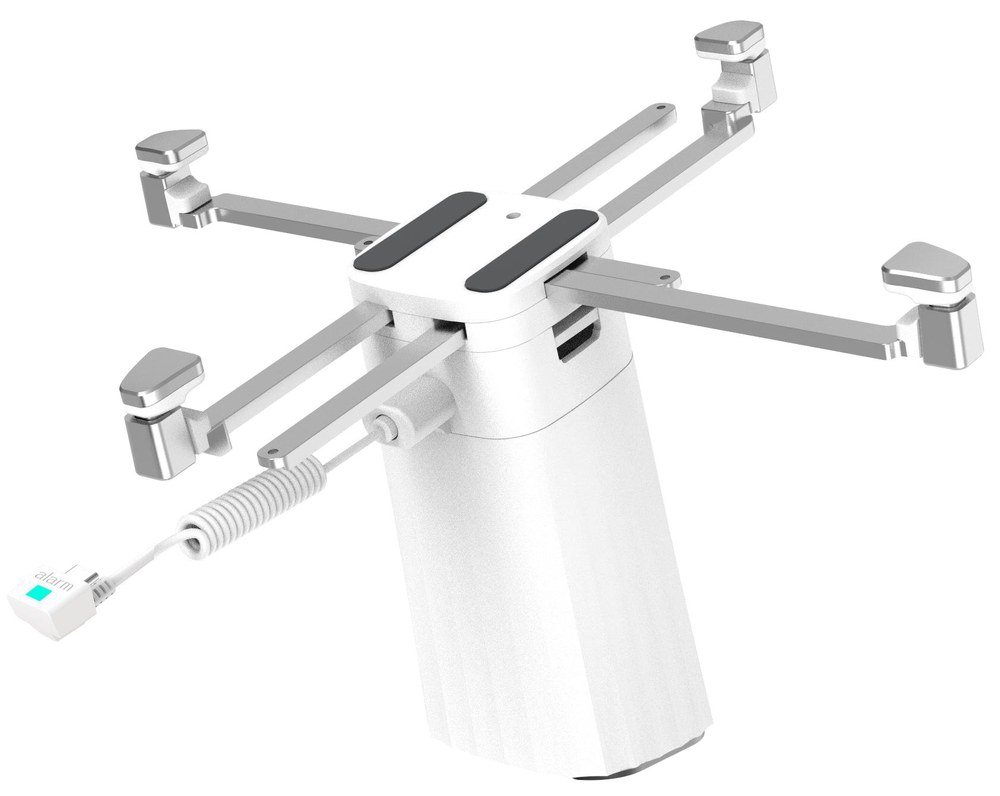 NHT Strong Recoiled tablet - vista frontal del pedestal con brazos extra largos