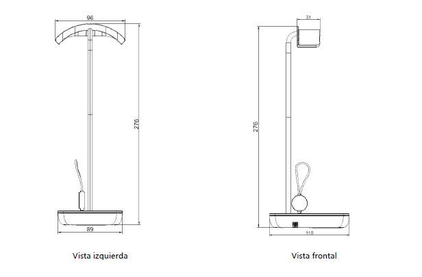 NHT Wearable - plano técnico con dimensiones: altura 276 mm, ancho 96 mm, base 89x110 mm